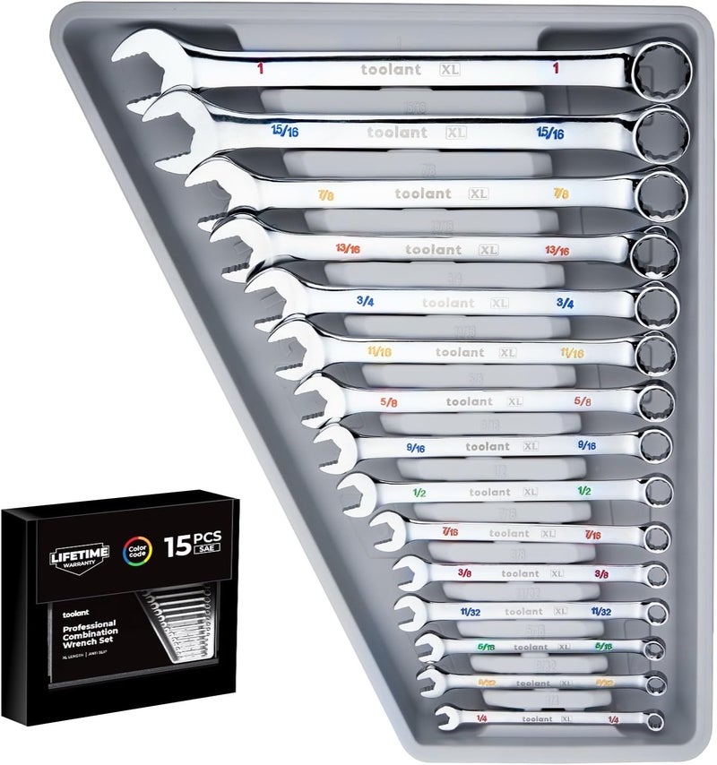 toolant Max Grip 15pcs Professional SAE Combination Wrench Set with Long Pattern Offset Heads Anti-Slip Teeth & Color-Coded Markings for Machinist, Auto, maintenance, DIYer - Image 1